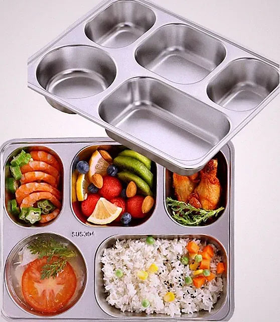 Set of 2 Stainless Steel Rectangular Divided Plates Tray 5 Sections Dinner