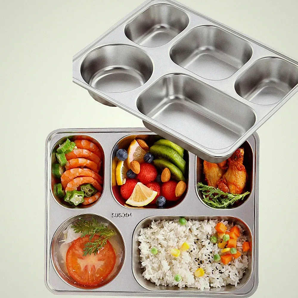 Set of 2 Stainless Steel Rectangular Divided Plates Tray 5 Sections Dinner