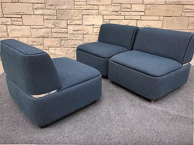 Set of 3 Post Modern Thonet Cube Sofa Sectional Slipper Chairs in Blue & Chrome