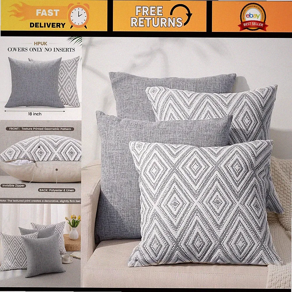 Set of 4 Grey Textured Throw Pillow Covers 18x18 for Couch, Sofa Decor
