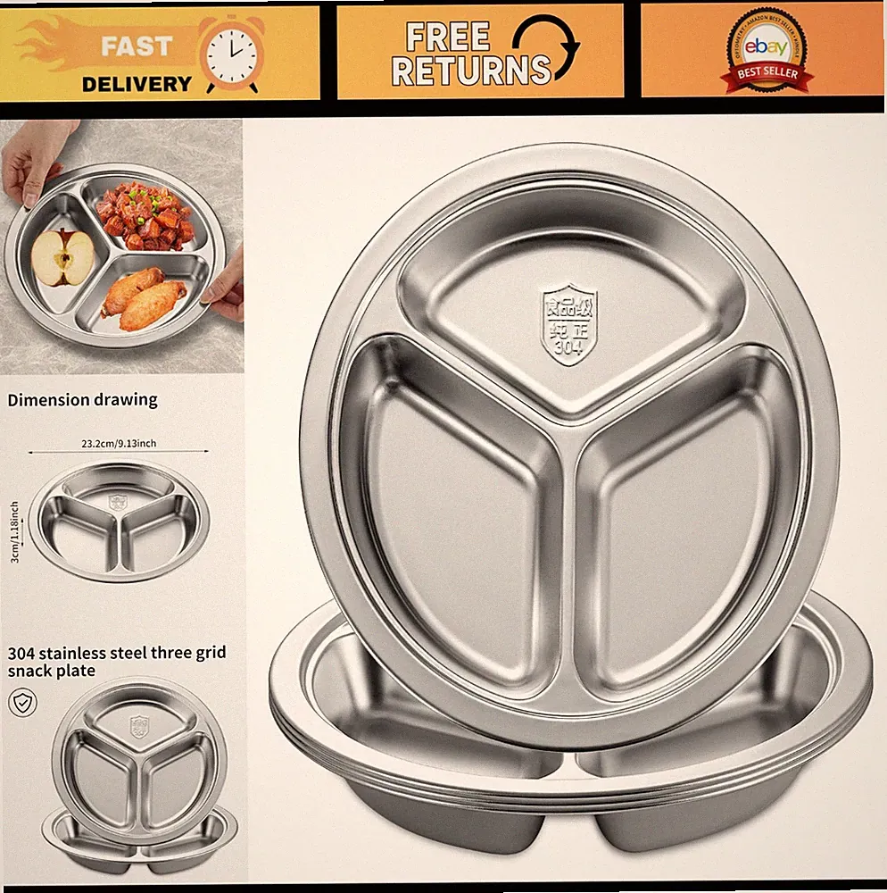 Set of 4 Stainless Steel 9.5" Divided Plates - 3-Section Portion Control for Kid