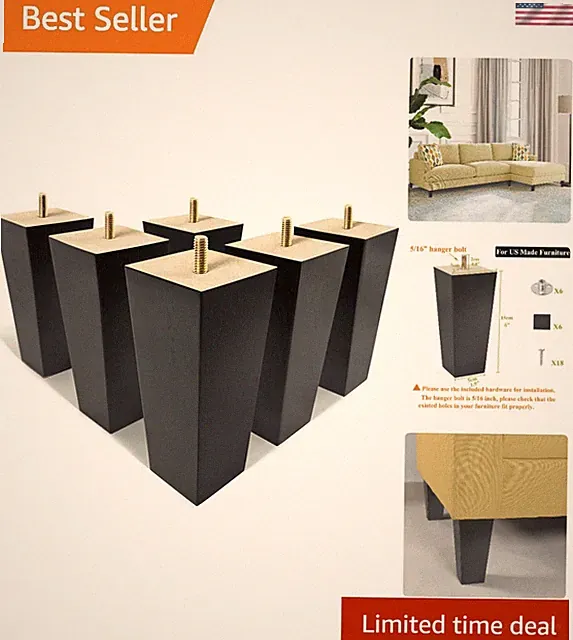 Set of 6 6-Inch Eco-Friendly Black Sofa Legs for Quality Furniture Elevation