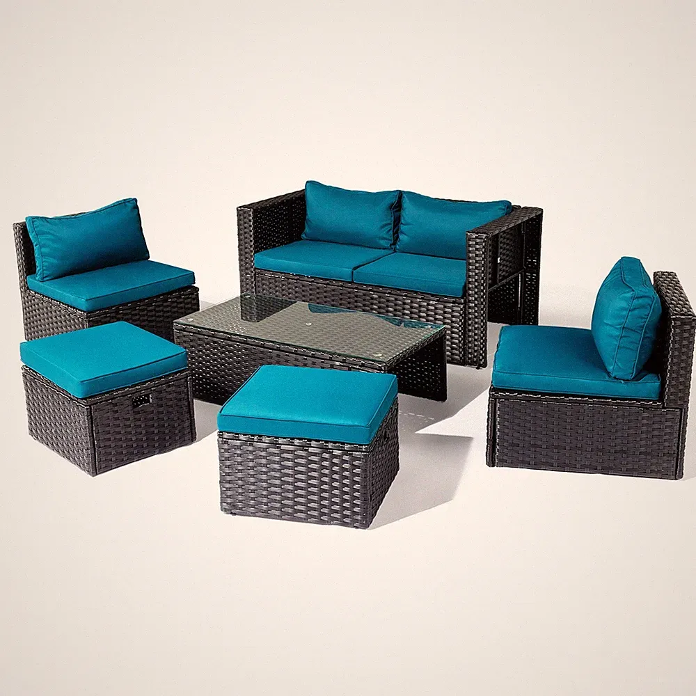 Set of 6 Outdoor Patio Rattan Sectional Furniture Chair Table Footstool, Cushion