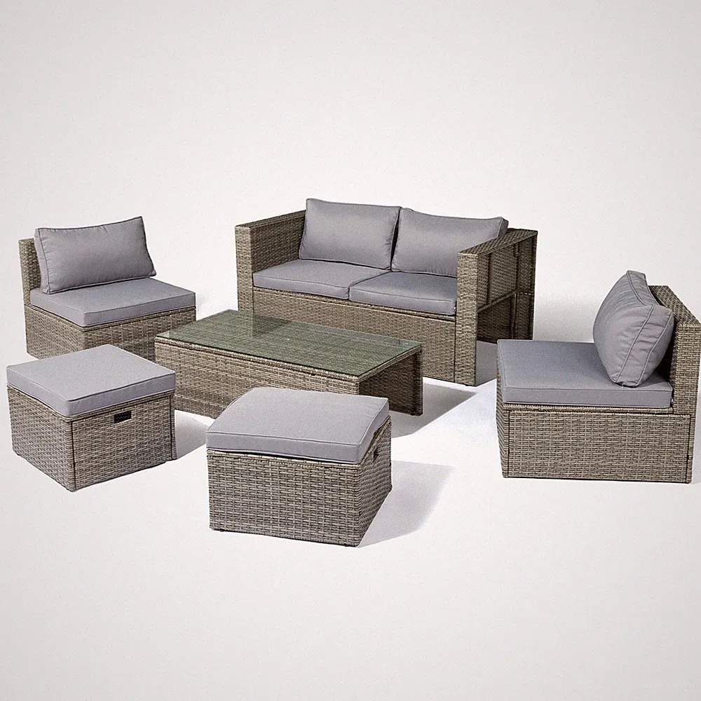 Set of 6 Outdoor Patio Rattan Sectional Furniture Chair Table Footstool, Cushion
