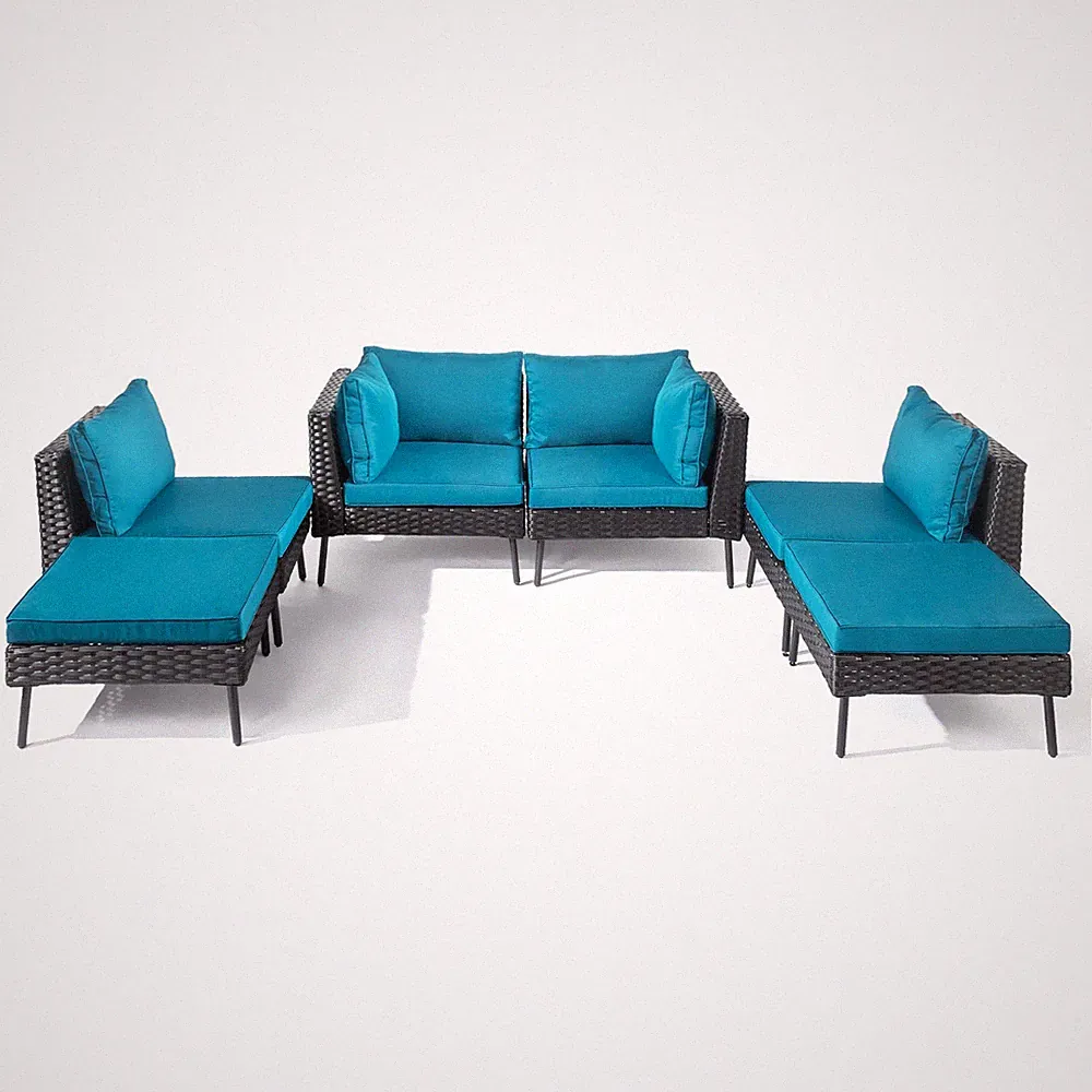 Set of 6 Outdoor Patio Rattan Sectional Furniture Chair with Table, Footstools