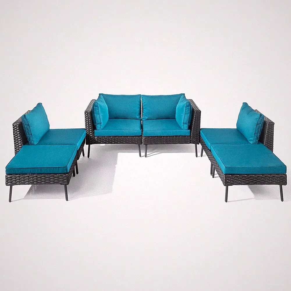 Set of 6 Outdoor Patio Rattan Sectional Furniture Chair with Table, Footstools