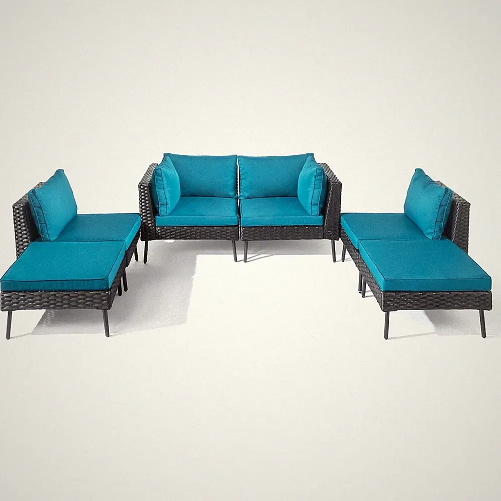 Set of 6 Outdoor Patio Rattan Sectional Furniture Sofa with Table, Footstool