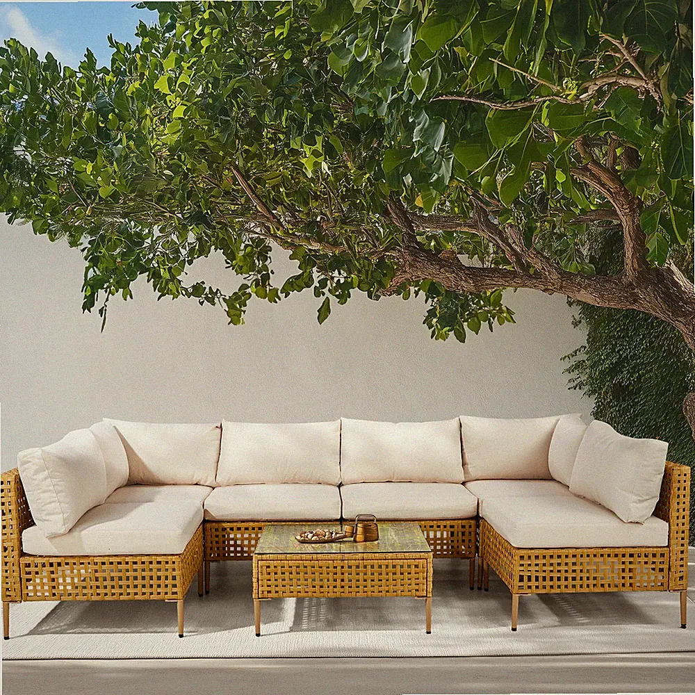 Set of 7 Outdoor Patio Wicker Sectional Yellow Rattan Beige Cushion Chair Sofa