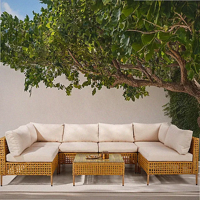 Set of 7 Outdoor Patio Wicker Sectional Yellow Rattan Beige Cushion Chair Sofa
