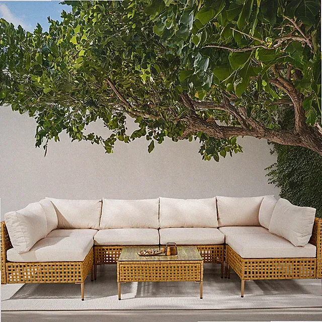 Set of 7, Outdoor Patio Wicker Sectional Yellow Rattan Beige Cushion Chairs Sofa