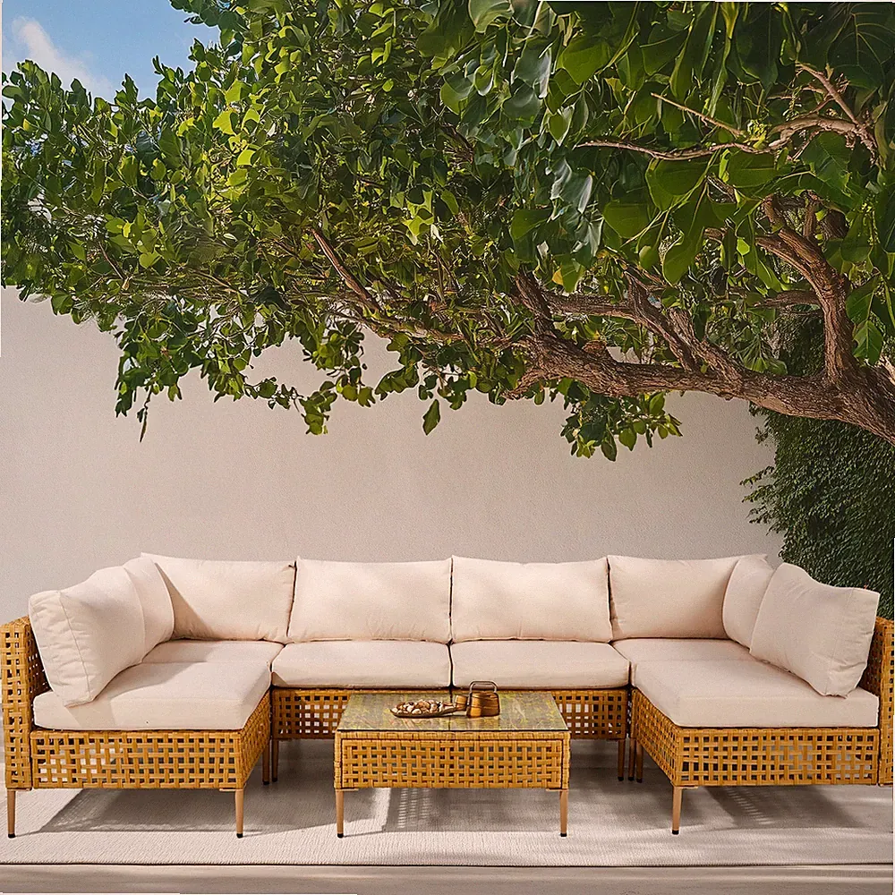 Set of 7 Outdoor Patio Wicker Sectional Yellow Rattan Beige Cushion Chairs Sofa