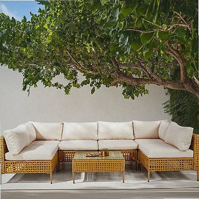 Set of 7 Outdoor Patio Wicker Sectional Yellow Rattan Beige Cushion Chairs Sofa
