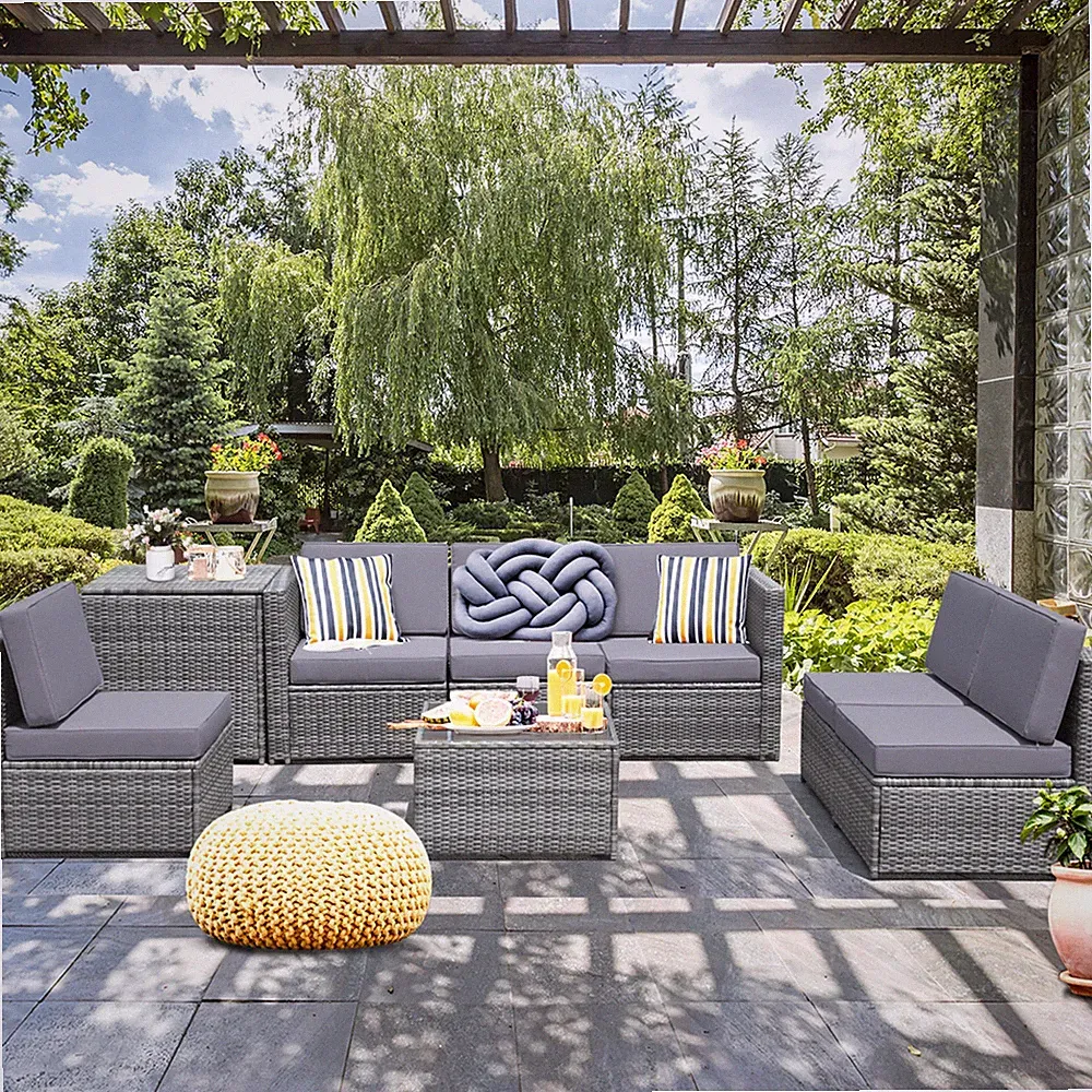 Set of 8 Gray Rattan Wicker Sofa & Table Outdoor Cushioned Sectional Patio