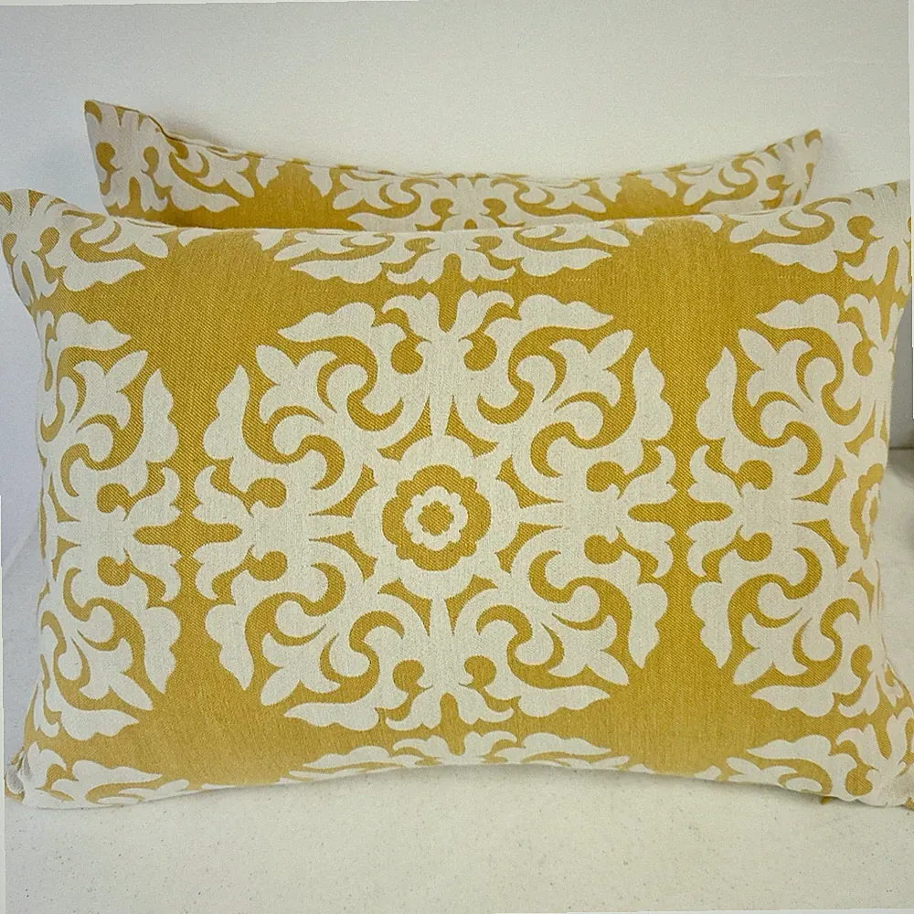 Set of Two Yellow & White Zip Decor Pillows With Down Feather Inserts Couch Bed