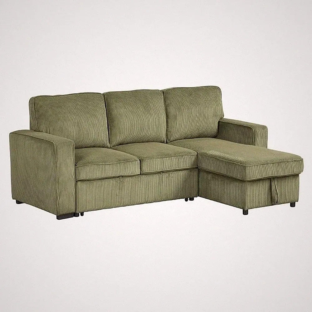Seya Sleeper L Sectional Sofa- Storage Chaise- Green Corduroy- 93 Inch