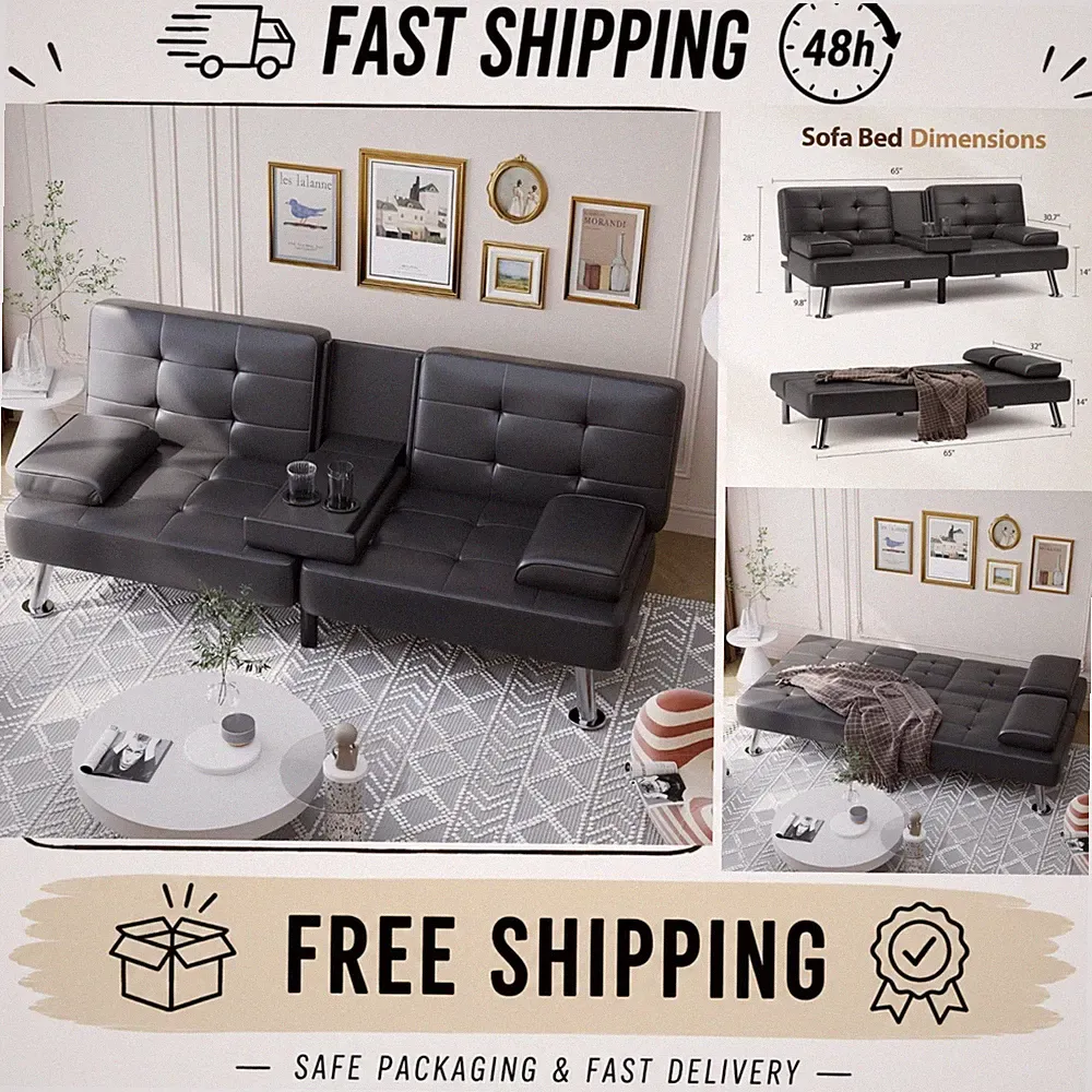 Shahoo Black Leather Convertible Futon Sofa Bed | Adjustable Sleeper Couch