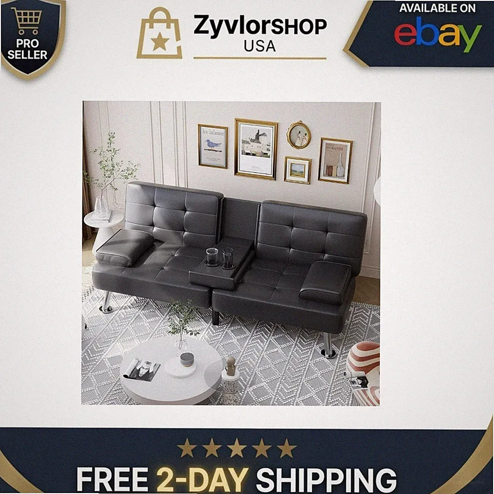 Shahoo Convertible Futon Sofa Bed with Cup Holders - Black