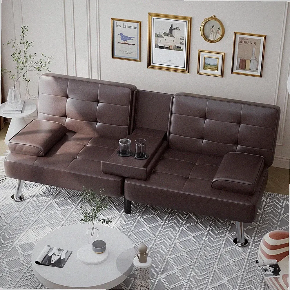 Shahoo Convertible Futon Sofa Bed with Cup Holders, Faux Leather Brown