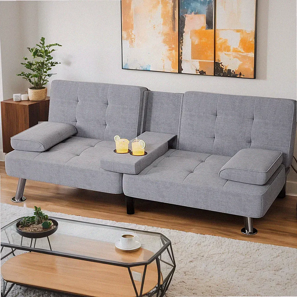 Shahoo Modern Linen Upholstered Convertible Futon Sofa Bed with Cup Holders