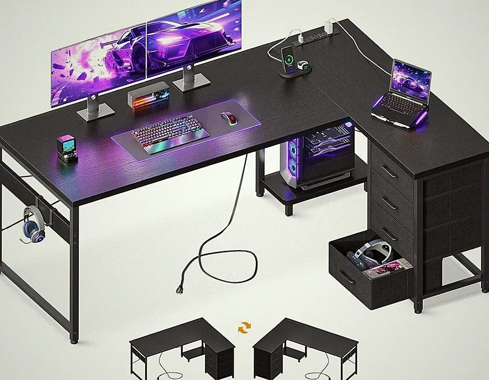 Shaped Gaming Desk with 4 Drawers, 61" Reversible Home Office Desks with Power O