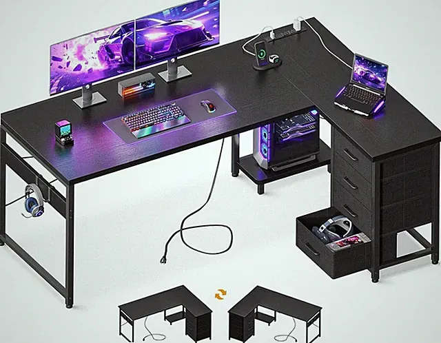 Shaped Gaming Desk with 4 Drawers, 61" Reversible Home Office Desks with Power O