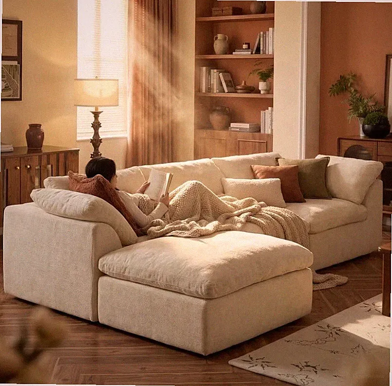 SHENEYRON Beige Chenille Sectional Sofa Chaise 3-4 Seat Removable 108.2"
