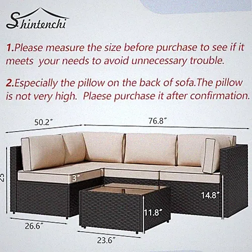 Shintenchi 5 Pieces Outdoor Patio Sectional Sofa Couch, Black PE Wicker