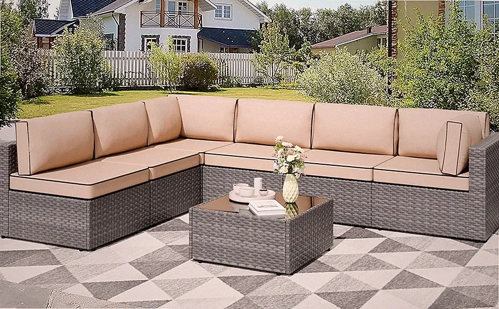 Shintenchi 7 Pieces Outdoor Patio Furniture Sets, Patio Sectional Sofa Couch, Gr