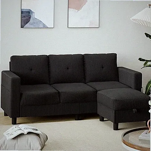 Shintenchi Modern Upholstered Sectional Sofa, L-Shaped Couch Carbon Black