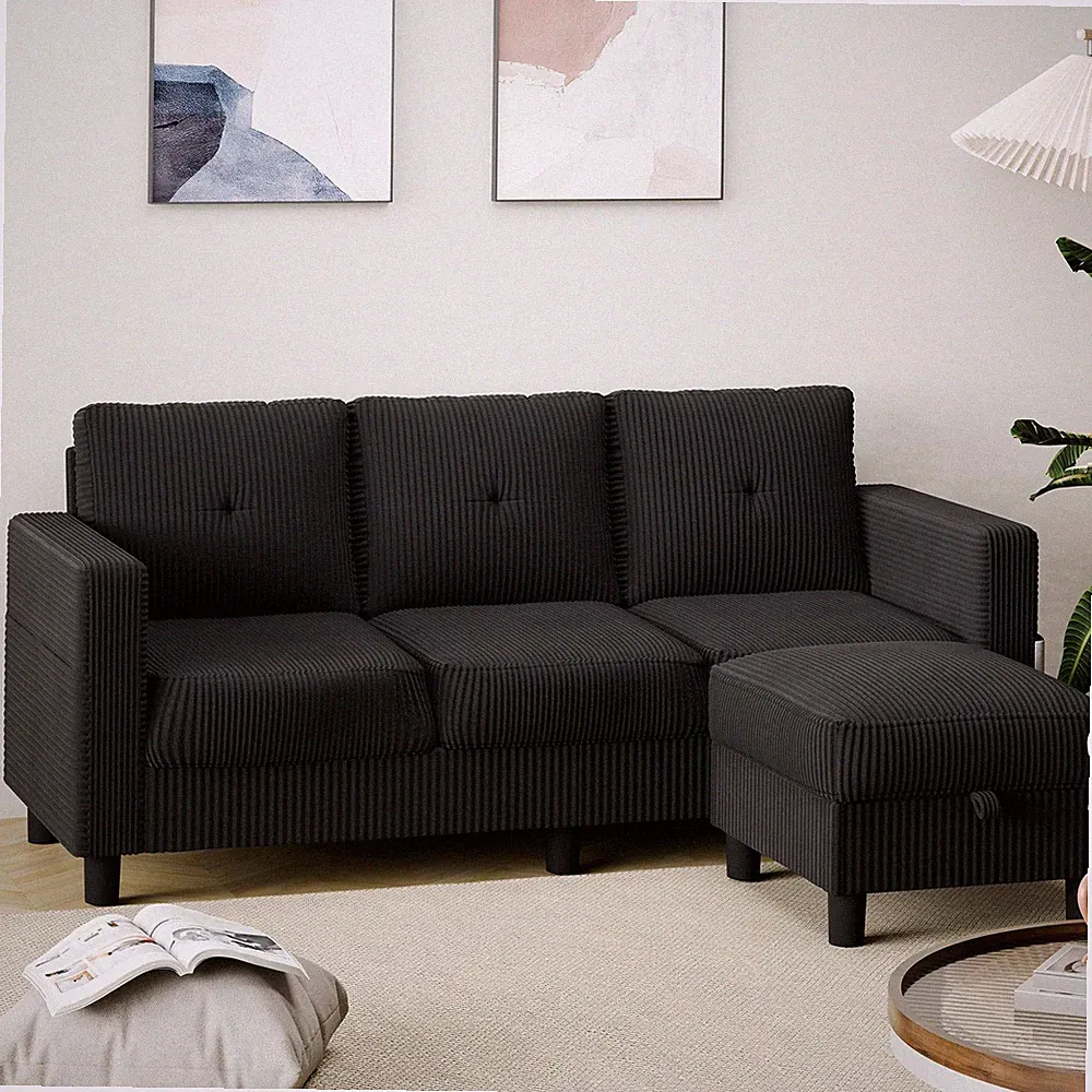 Shintenchi Modern Upholstered Sectional Sofa, L-Shaped Couch with Black