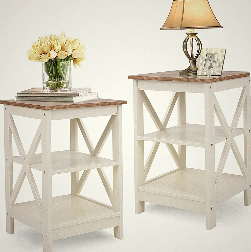 Side Table Set of 2 Storage Sofa Bed End Table for Living Room Bedroom Beige