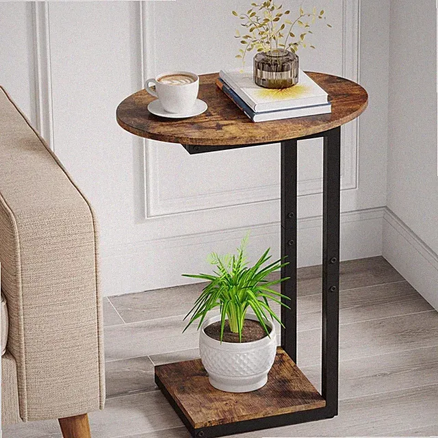 Side Table Small End Table, C-Shaped Wood Sofa Table with Metal Frame for Liv...