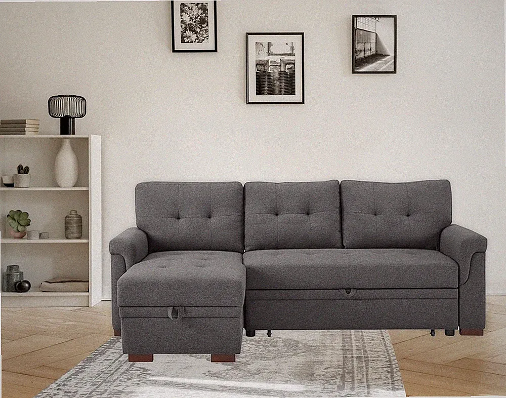 Sierra 84" Dark Gray Linen Reversible Sleeper Sectional Sofa with Storage Chaise