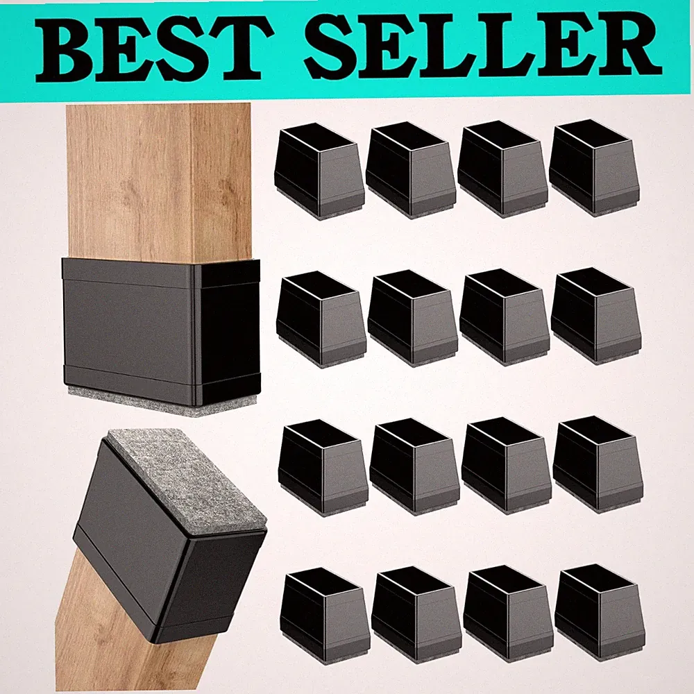 Silicone Chair Leg Covers - Rectangular, 16 PCS Black Caps