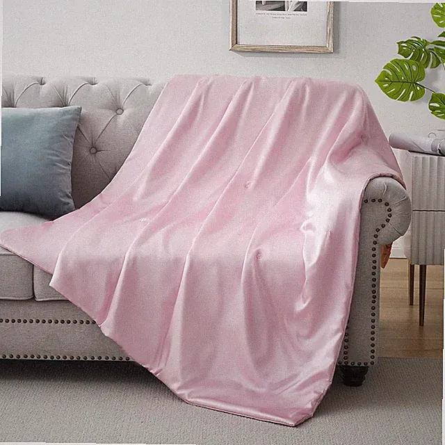 Silk Throw Blanket - Pink Cooling Packable Satin Blanket for Couch, Bed, Camping