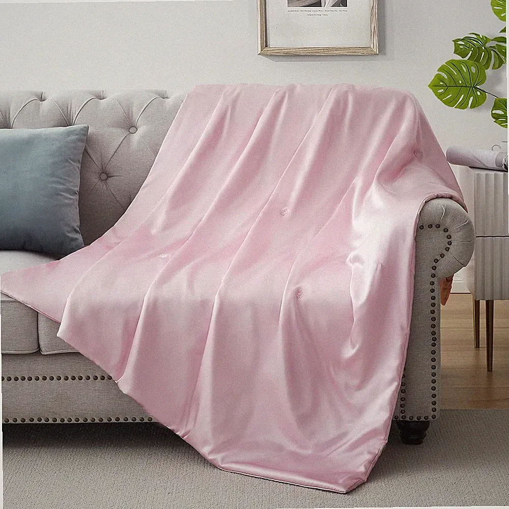 Silk Throw Blanket - Pink Cooling Packable Satin Blanket For Couch, Bed, Camping
