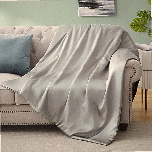 Silk Throw Blanket - Silver Grey Cooling Packable Satin Blanket for Couch, Bed