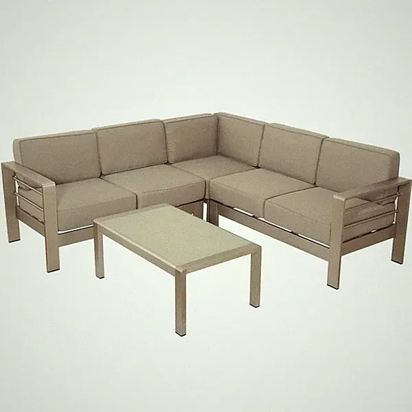 Silver 4-Piece Aluminum Outdoor Sectional Set with Khaki Cushions