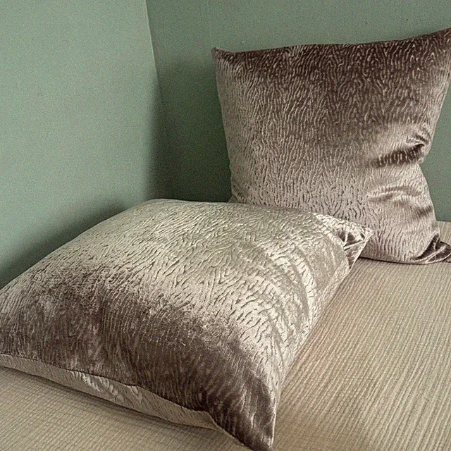 Silver Taupe Cut Velvet Pillows 2pc Set 20x20 Tiger Feather Down Lux Boho Modern