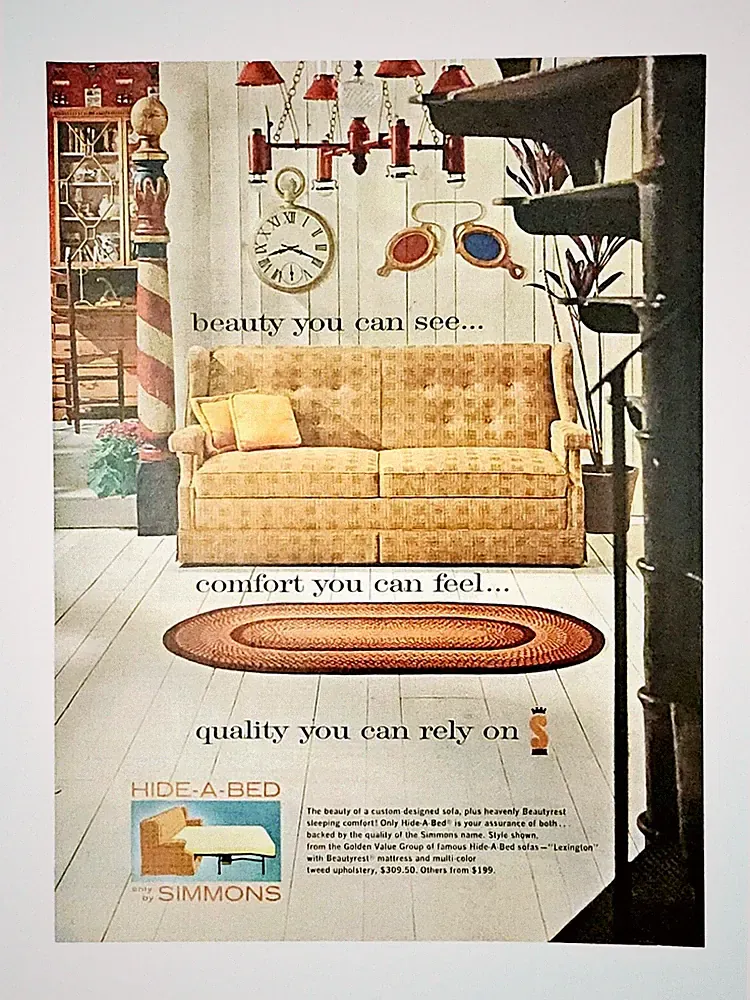 Simmons Hide a Bed ad original vintage 1962 retro sofa bed advertisement