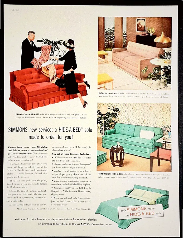 Simmons Hide a Bed ad vintage 1957 original sofa bed advertisement