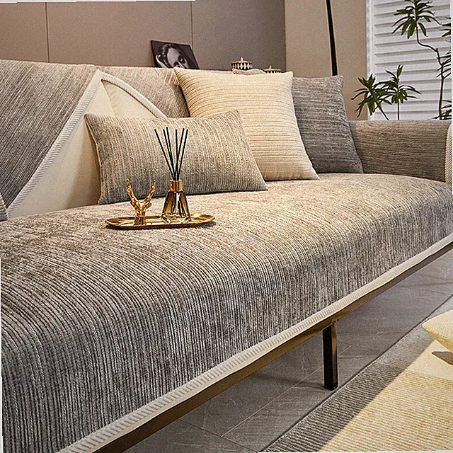 Simple Striped Chenille Anti-Scratch Couch Cover,Washable Anti-Slip Dog Sofa Cov
