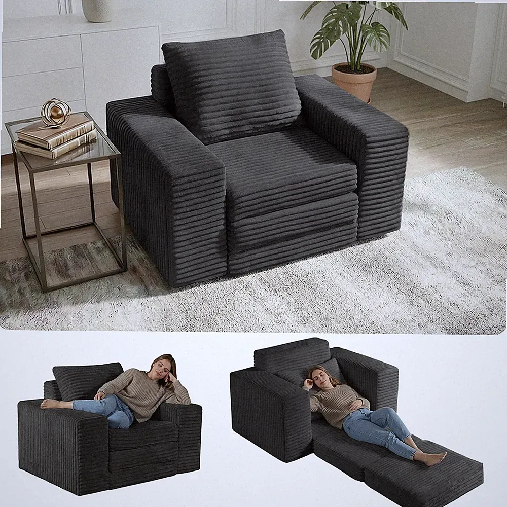 Single Folding Sofa Bed, Memory Foam, Corduroy, Dark Grey