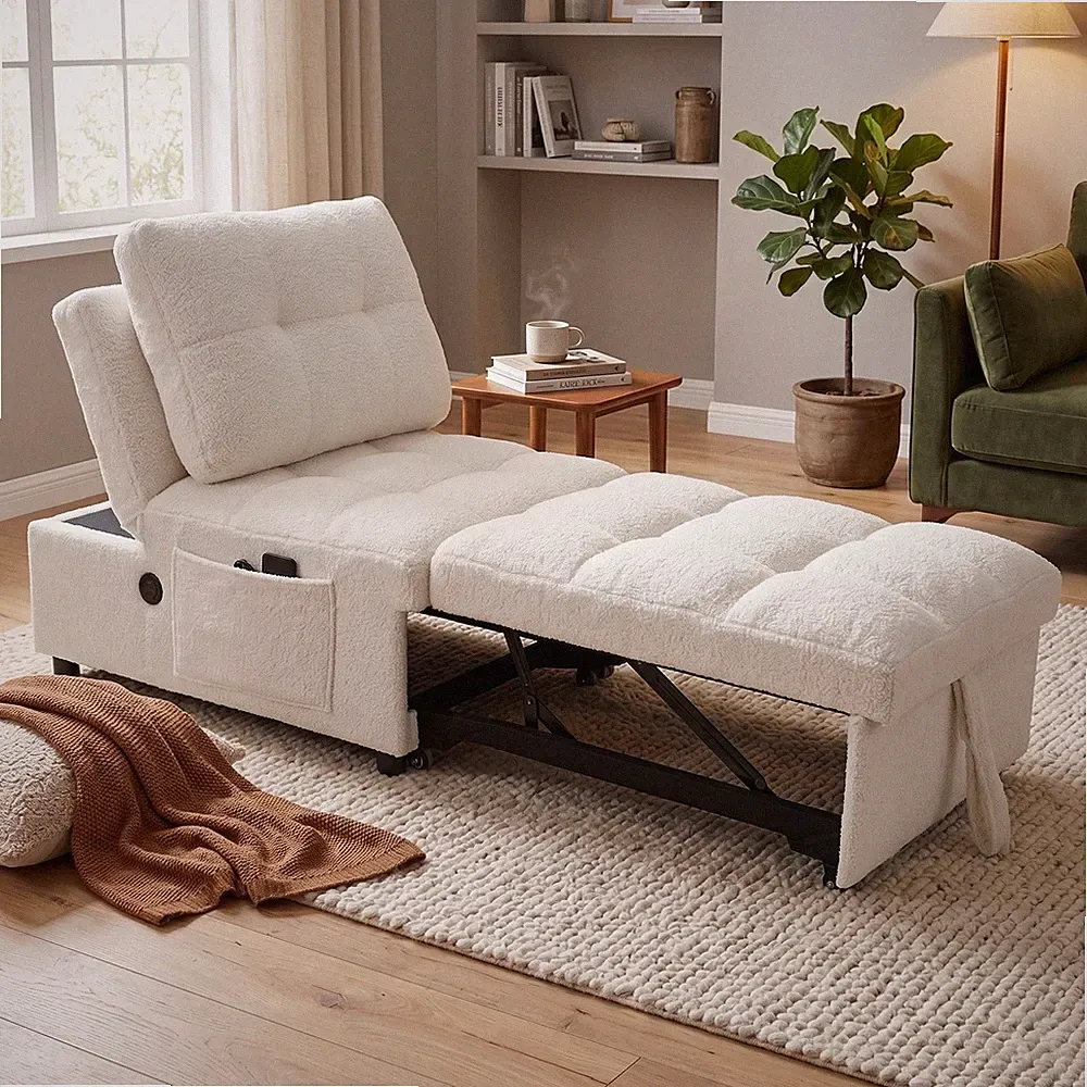 Single sofa bed USB charging port side storage pocket adjustable backrest