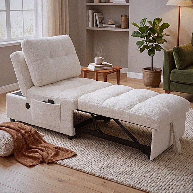 Single sofa bed without armrests, soft teddy fabric texture, skin-friendly