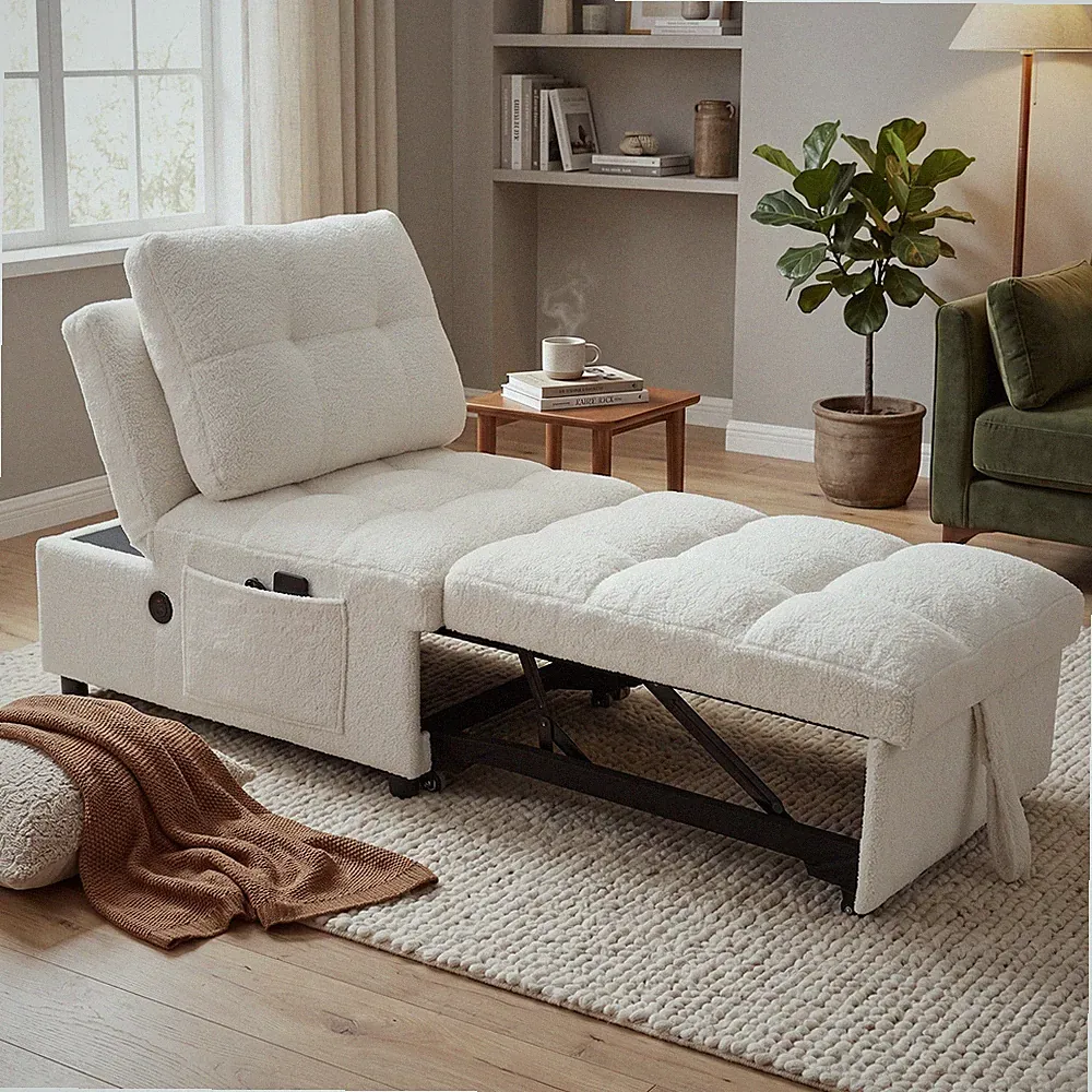 Single sofa bed without armrests,soft teddy fabric texture,skin-friendly,built-i