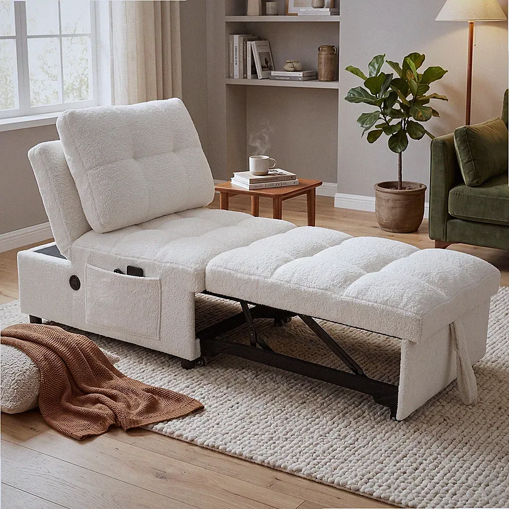 Single sofa bed without armrests, soft teddy fabric texture, skin-friendly