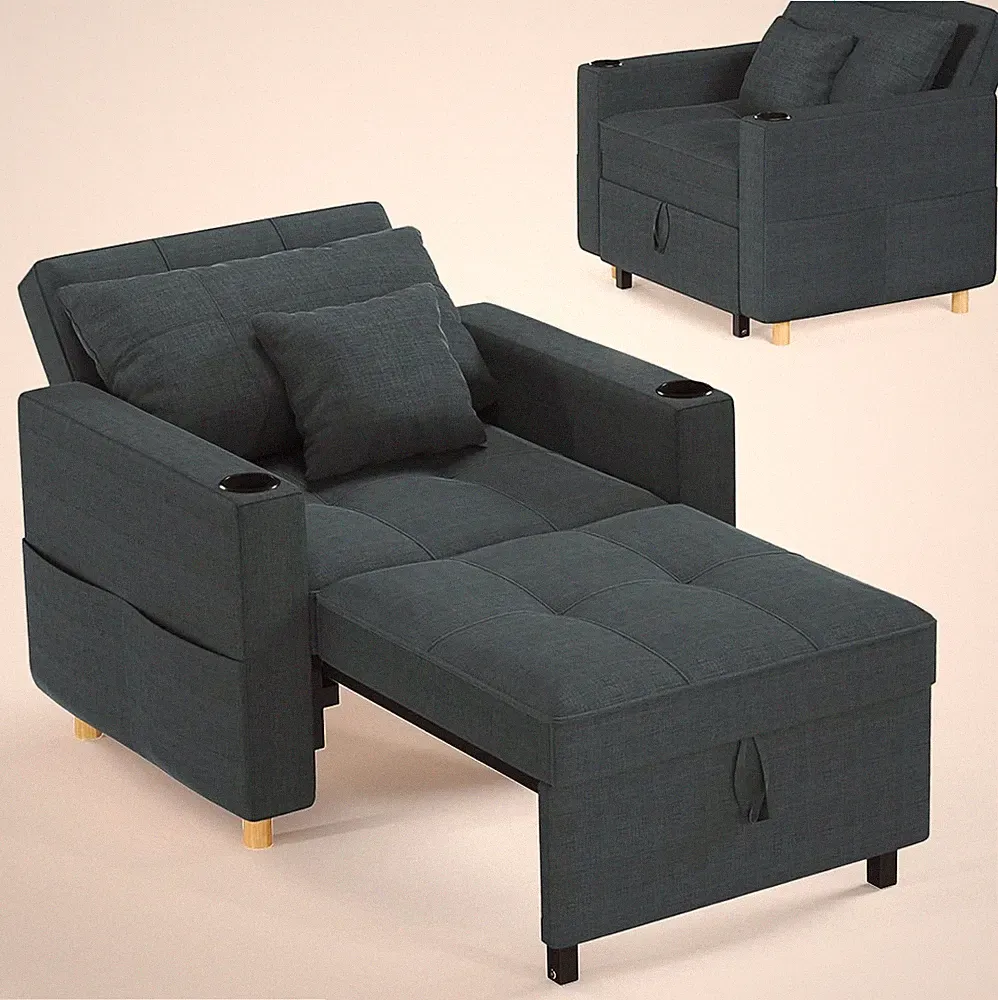 Sleeper Chair 38.2 in Wide Convertible Pull-Out Sofa Bed with Cup Holder Navy