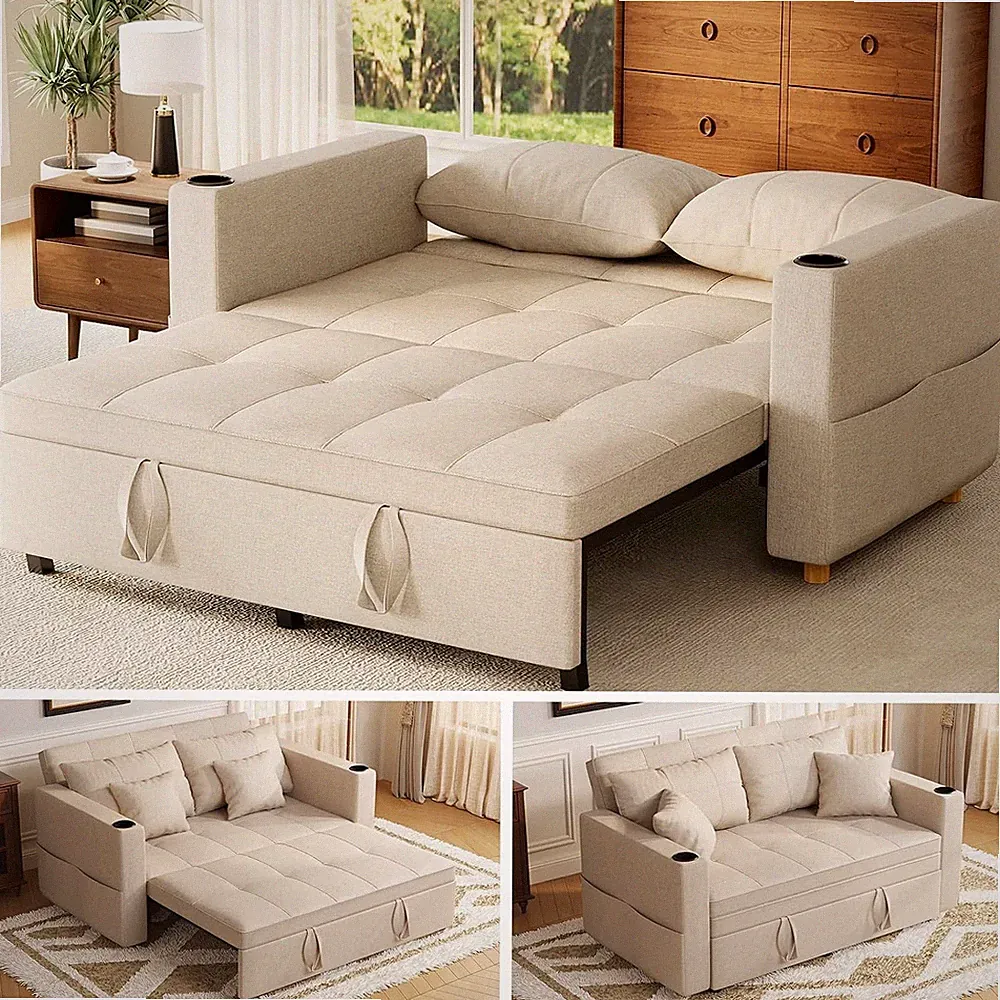 Sleeper Chair Bed, 74"D x 63"W x 82"H, Beige, Knitted Fabric, Convertible