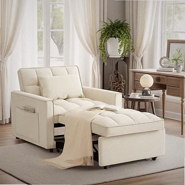Sleeper Chair, Pull Out Chair Sleeper with Adjustable Back & Pocket, Convertible